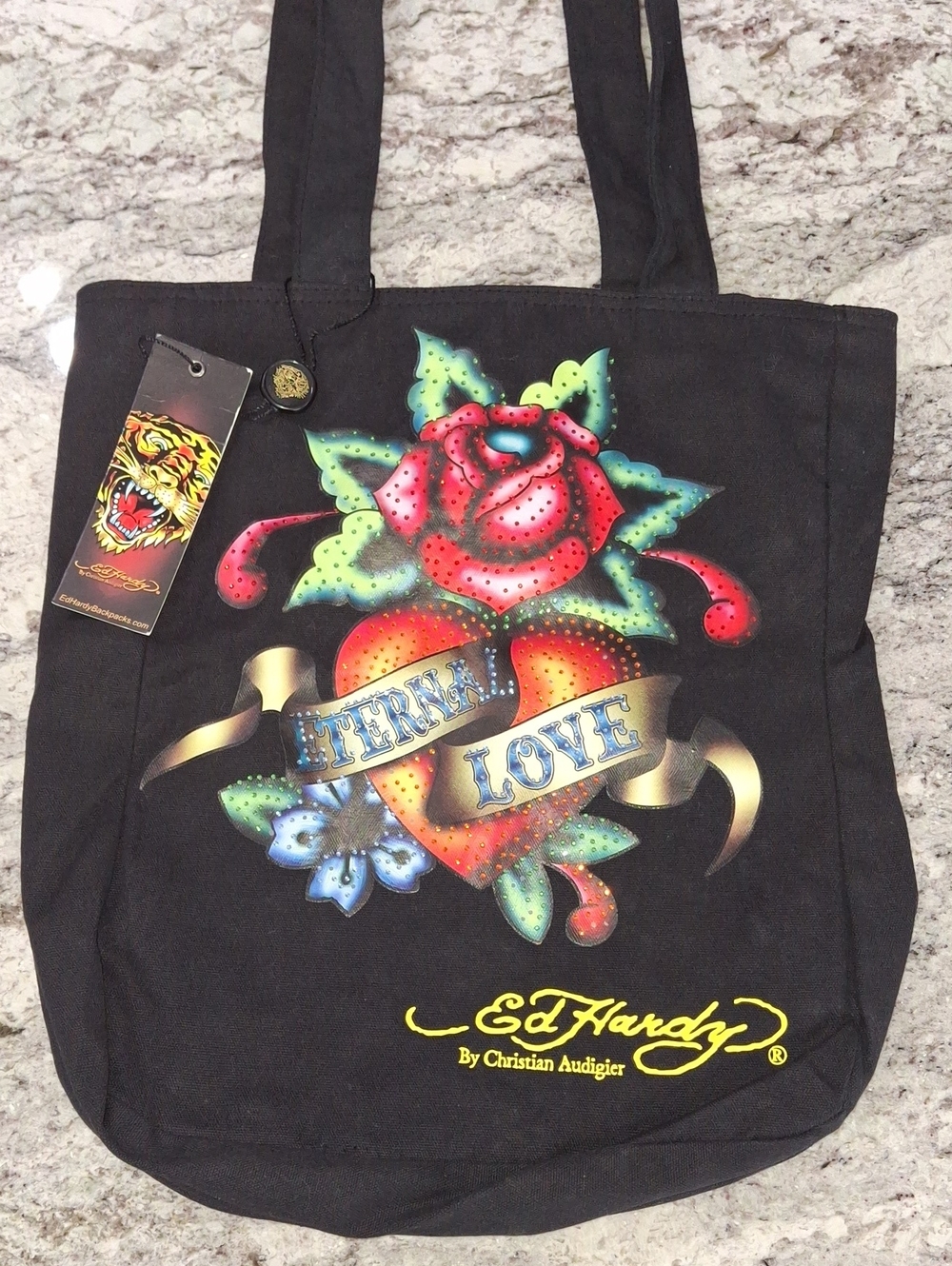 Ed Hardy Black Canvas Tote with Multicolor 'Eternal Love' Rhinestone Graphic